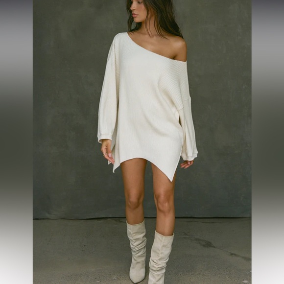 JOAH BROWN OFF SHOULDER TUNIC NATURAL LUXE KNIT S
